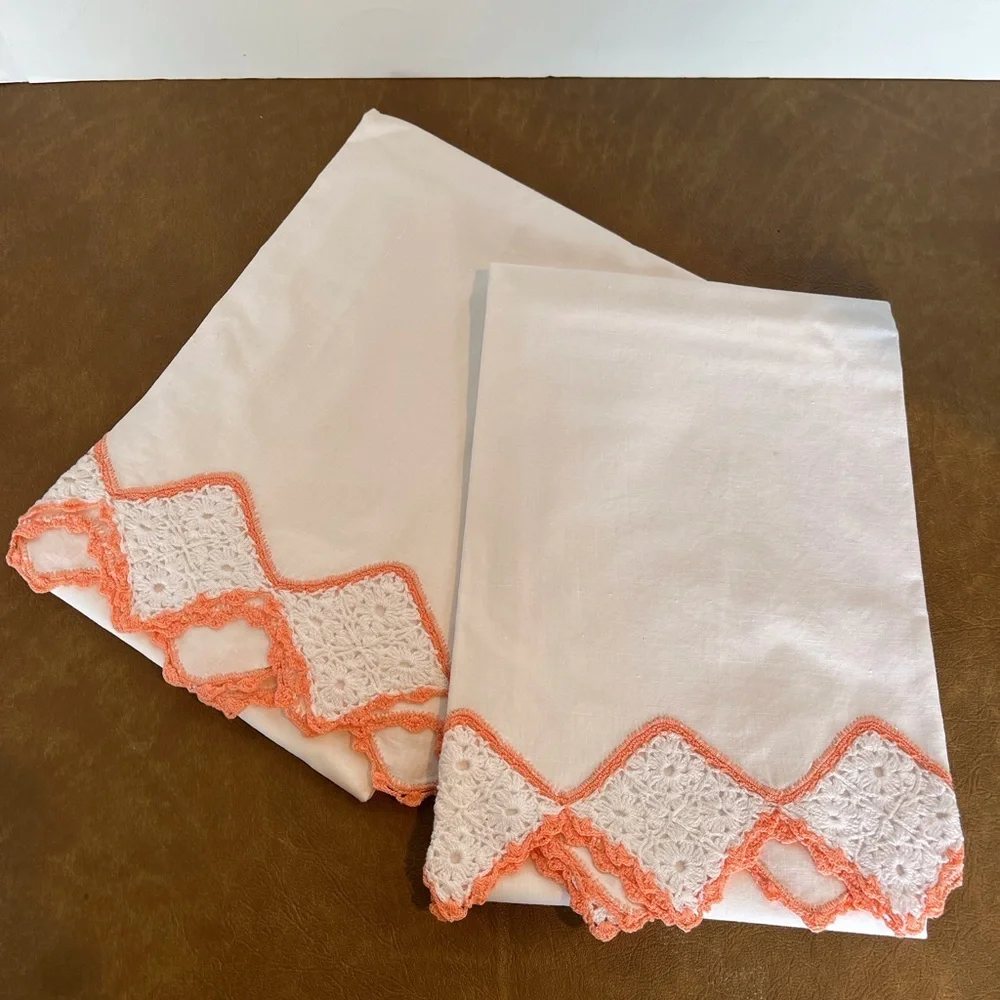 Vintage Set of Two Pillowcases Embellished with Hand-Crocheted Edge